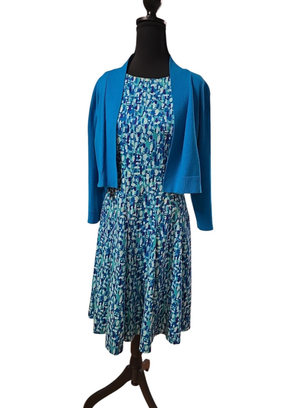 Calvin Klein Blue Printed A-Line Dress with Teal Cropped Cardigan 4